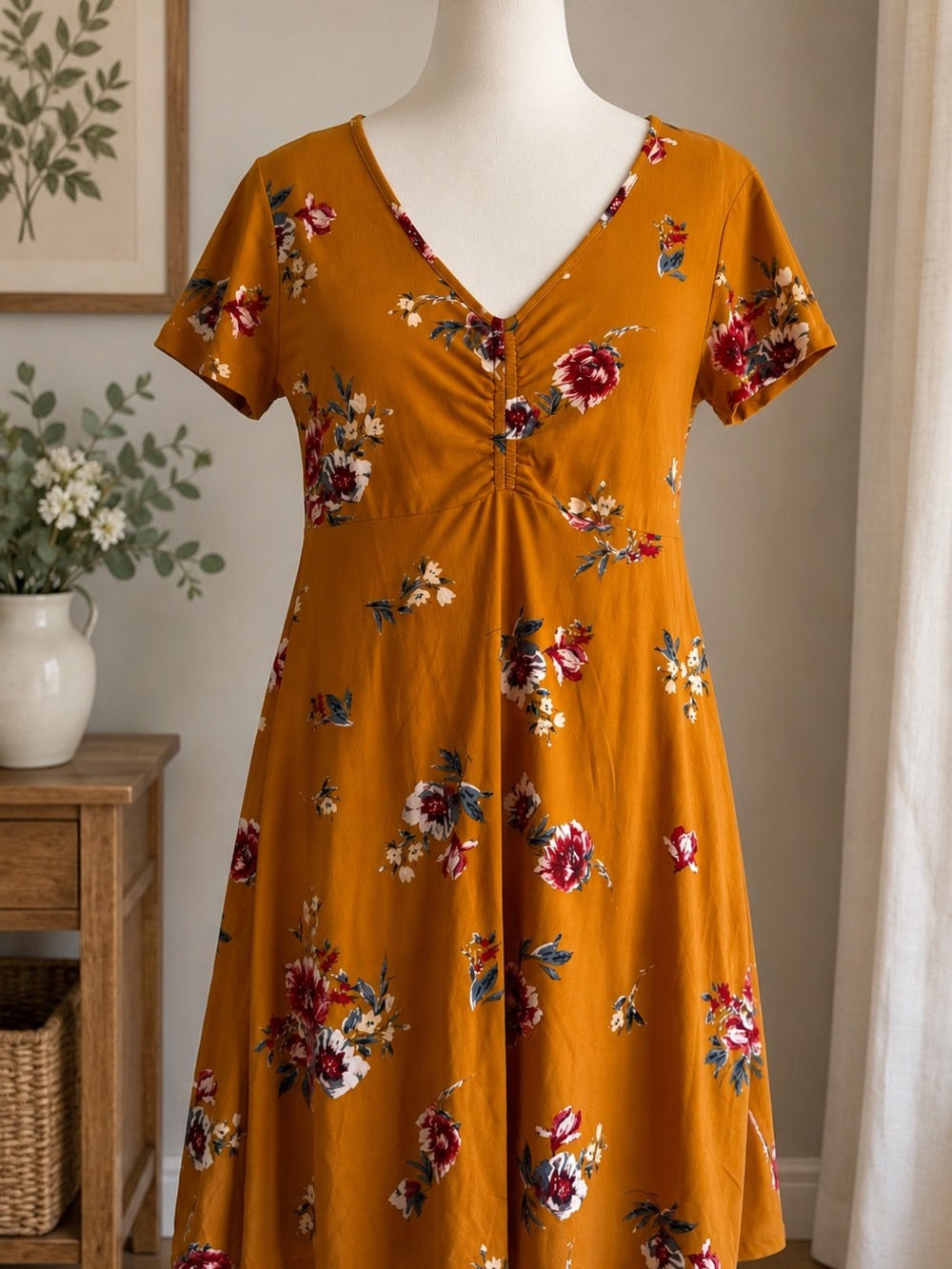Pink Rose Mustard Floral V-Neck Midi Dress